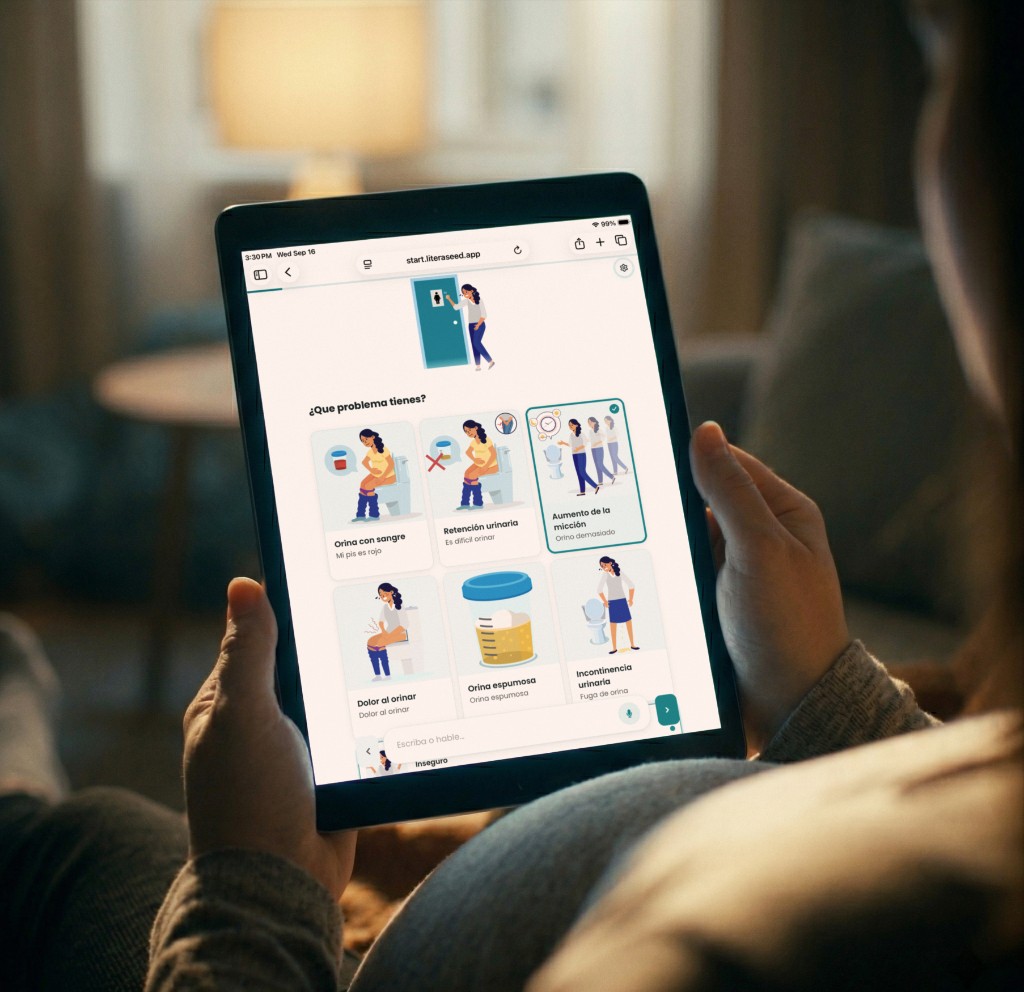 Patient completing picture-based LiteraSeed intake in Spanish on a tablet